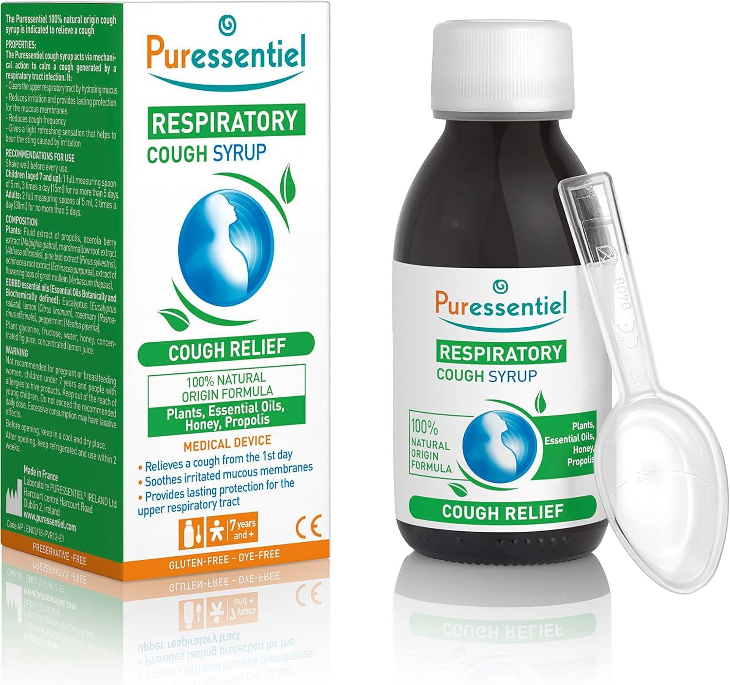 Puressentiel Puressentiel Respiratory Cough Syrup 125ml - Cough Relief For All Coughs + Cold & Flu - Chesty Cough, Mucus Cough - 100% Natural Origin Medical Device - Essential Oils & Honey - For Children Aged 12+