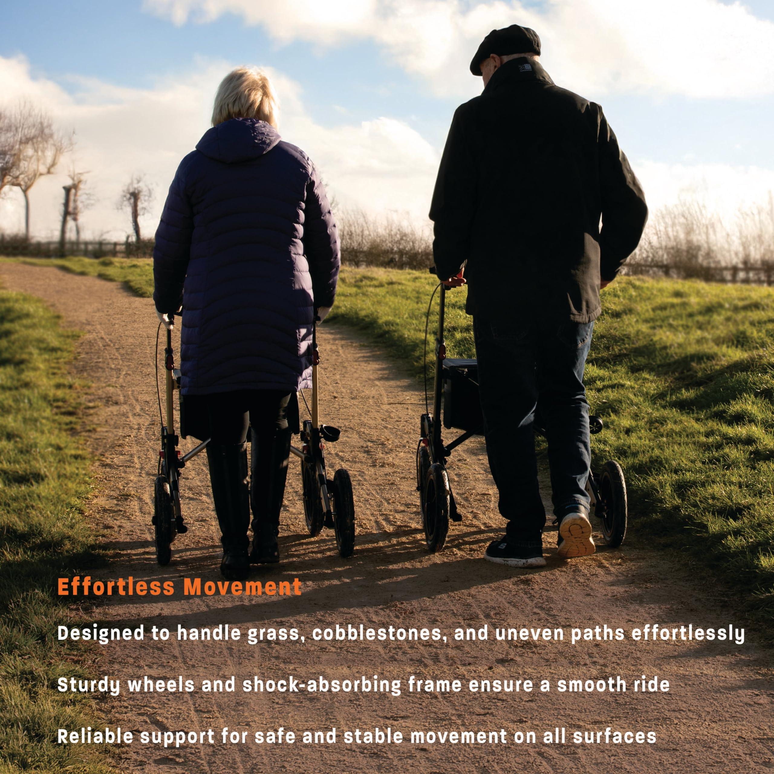 MobiQuip MobiQuip All Terrain 4 Wheel Walker with Seat, Folding Rollator with Large Wheels, Lightweight and Easy to Manoeuvre Over All Terrains, Walker for Adults Mobility or Walking Aid (Champagne)