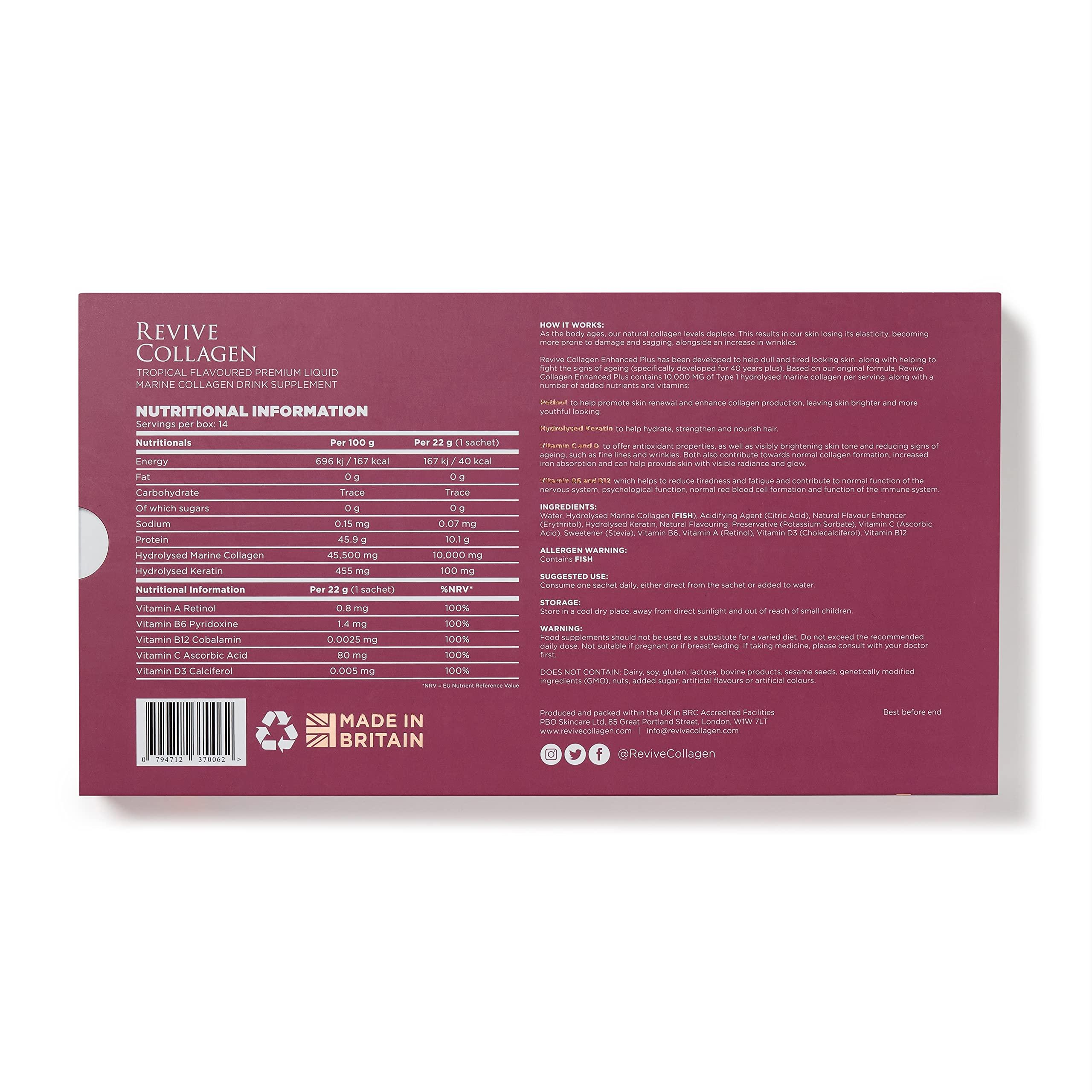 Revive Collagen Revive Collagen Enhanced Plus 10,000mg Hydrolysed Marine Collagen Drink with Added Vitamin A & C for Healthy Skin, Hair, Nails & Joints | Tropical | 14 x Sachets