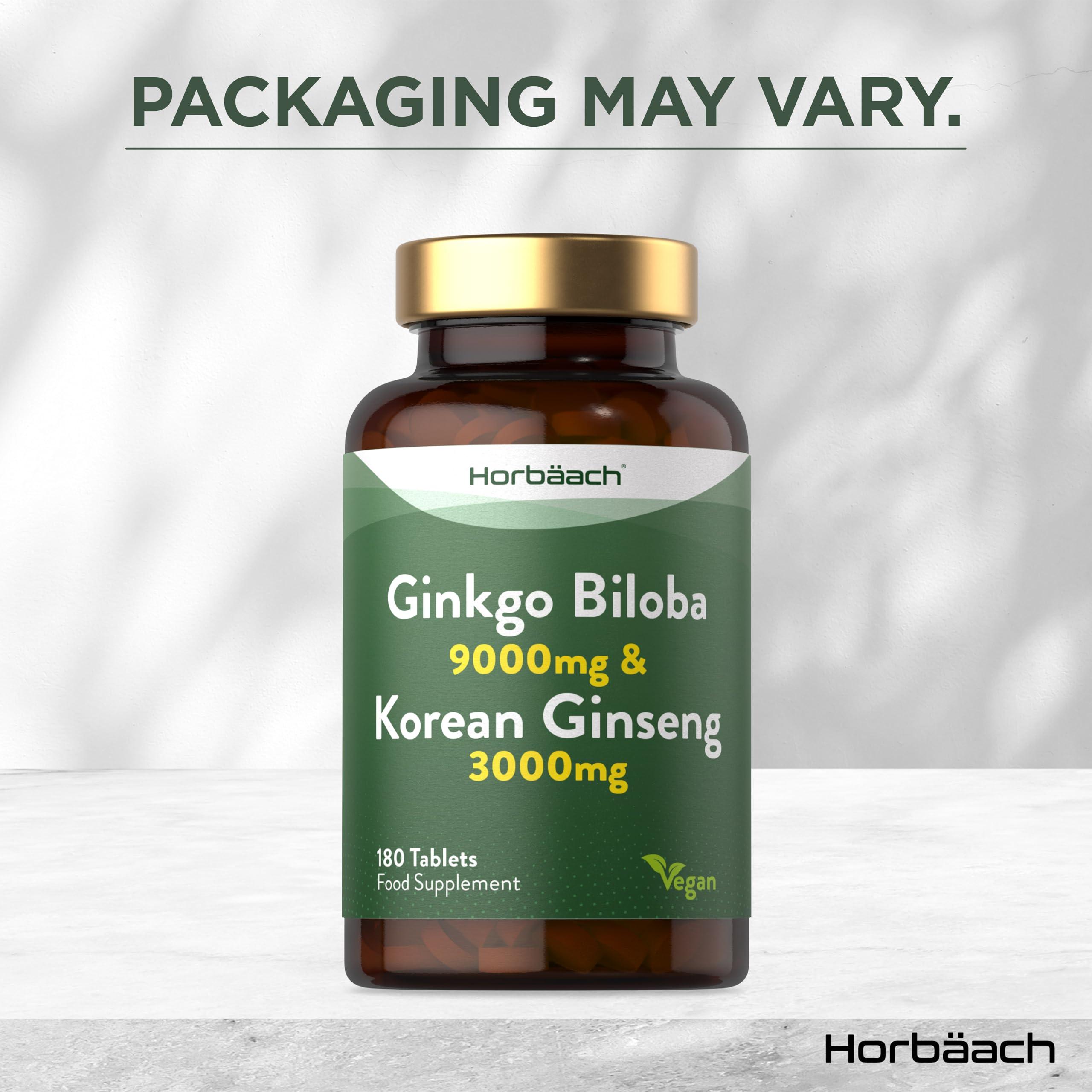 Horbach Ginkgo Biloba and Korean Ginseng Tablets | High Strength | Ginkgo 9000mg & Ginseng Root 3000mg | 180 Vegan Tablets | by Horbaach